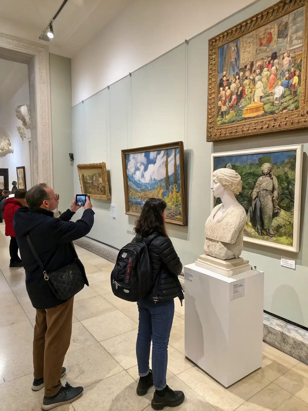 A photo of local artists showcasing their work at an exhibition supported by LES POUPEES RUSSES, highlighting the organization's commitment to promoting local talent.