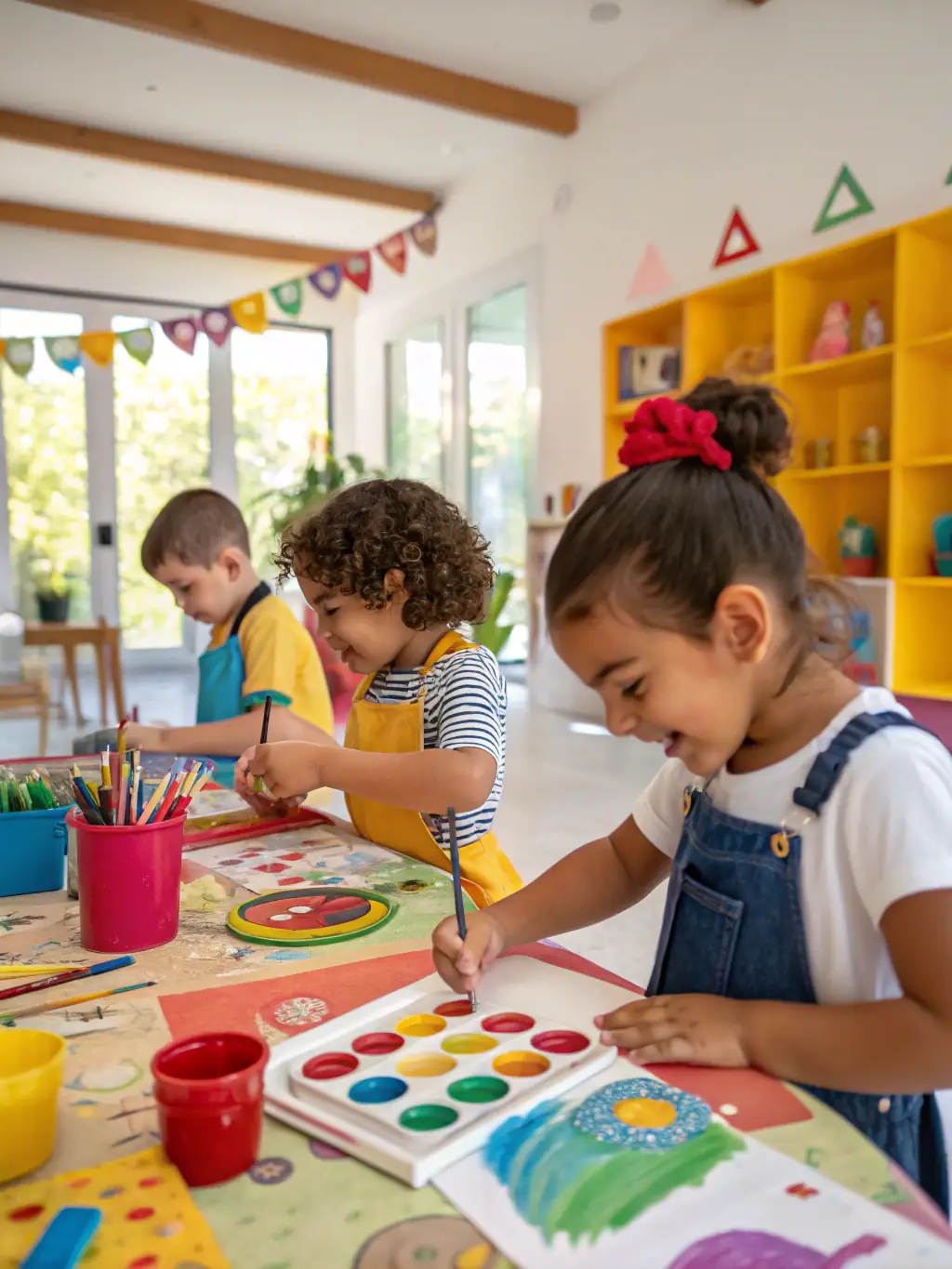 A vibrant photograph capturing a group of children participating in an art workshop organized by Les Poupees Russes, showcasing their creativity and engagement.