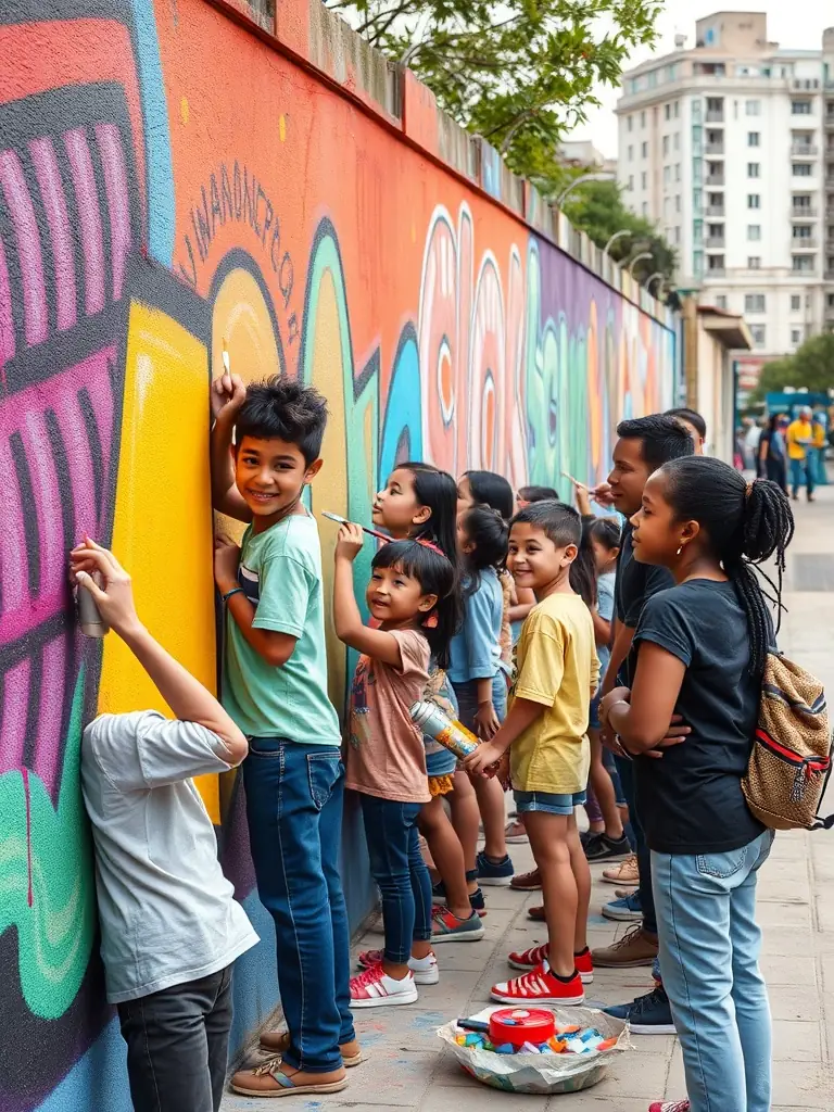A photo of a community mural project being painted, with volunteers of all ages collaborating to create a colorful and meaningful artwork in a public space, highlighting the organization's community engagement.