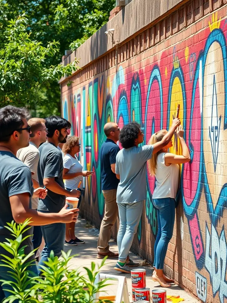 A photo of volunteers from LES POUPEES RUSSES working on a community art project, demonstrating their dedication to making a positive impact.