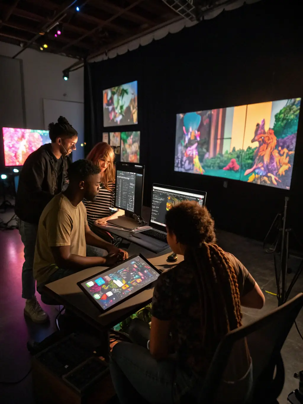 A dynamic image of artists collaborating during a residency program at Les Poupees Russes, highlighting the exchange of ideas and the creation of new contemporary works.