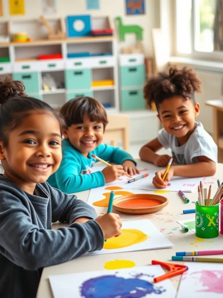 A vibrant photo of children participating in an art workshop organized by LES POUPEES RUSSES, showcasing their engagement and creativity.
