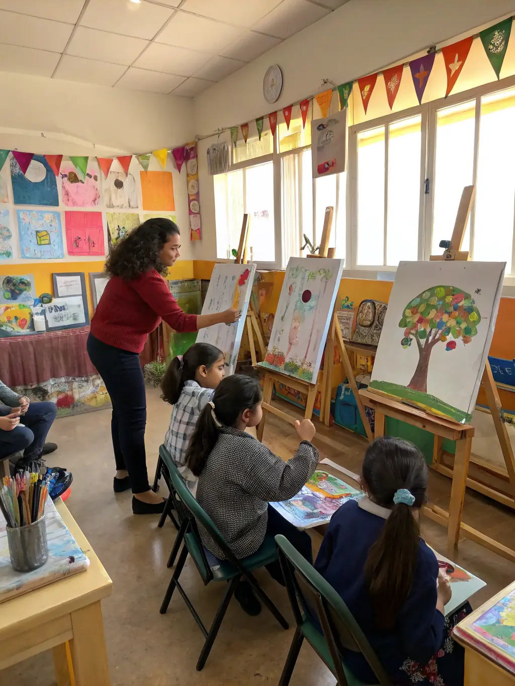 A vibrant photograph capturing a children's art workshop in progress, with kids enthusiastically painting and creating under the guidance of an instructor, showcasing the organization's commitment to early artistic education.