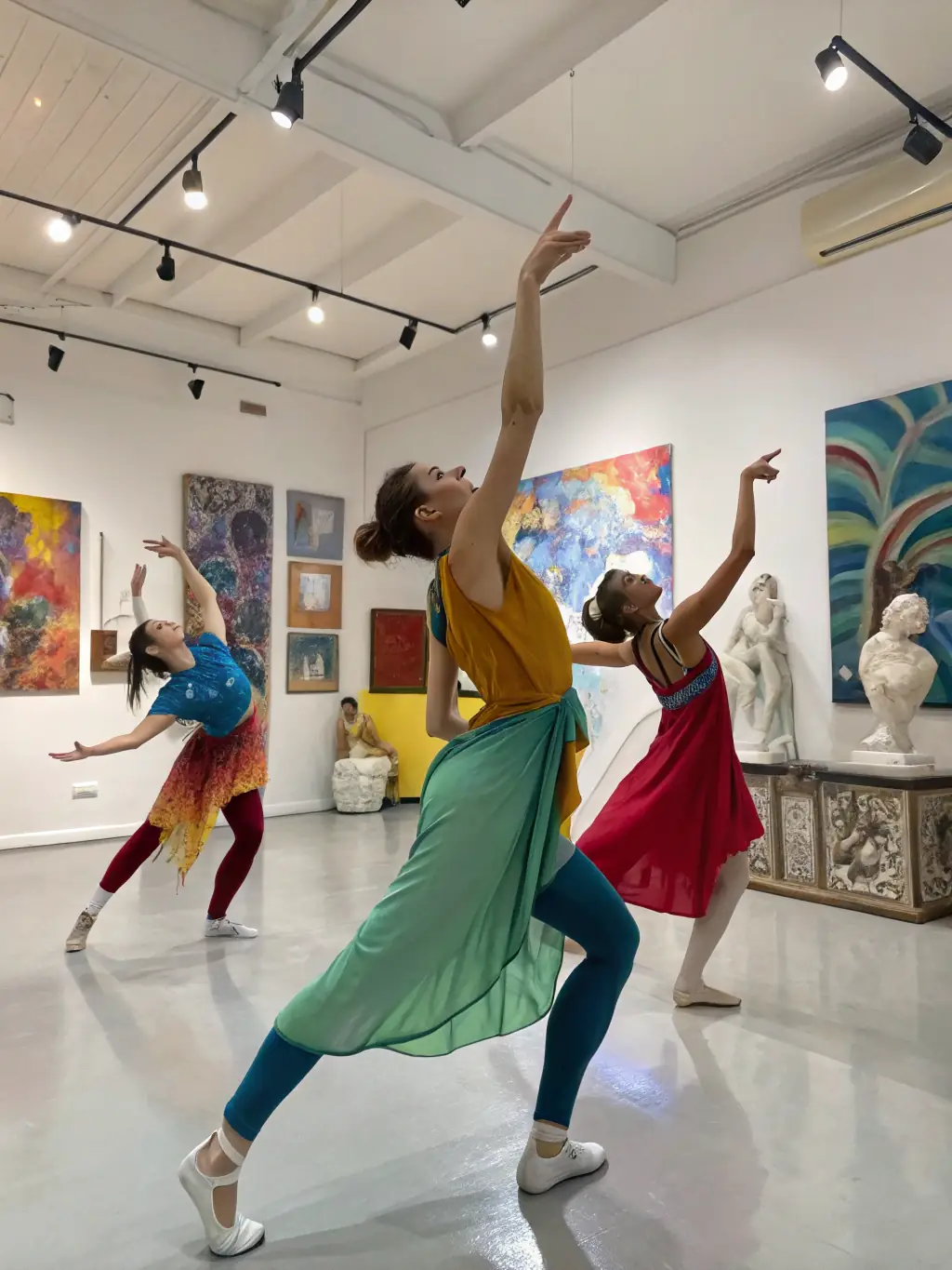 A dynamic image of a contemporary dance performance organized by Les Poupees Russes, featuring dancers in expressive poses against a backdrop of modern art, emphasizing the organization's support for performing arts.